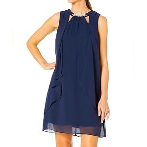 Formal Dress Size 12 Navy SL FASHIONS Chiffon Cutout Crew Neck Pearl Accent NWT